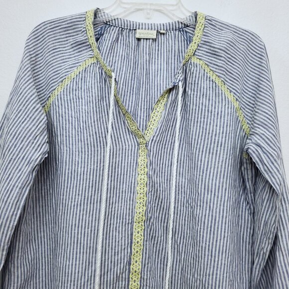 Spartina 449 Striped V-Neck Linen Tassel Blouse With Yellow Accents Size Medium - Picture 3 of 12